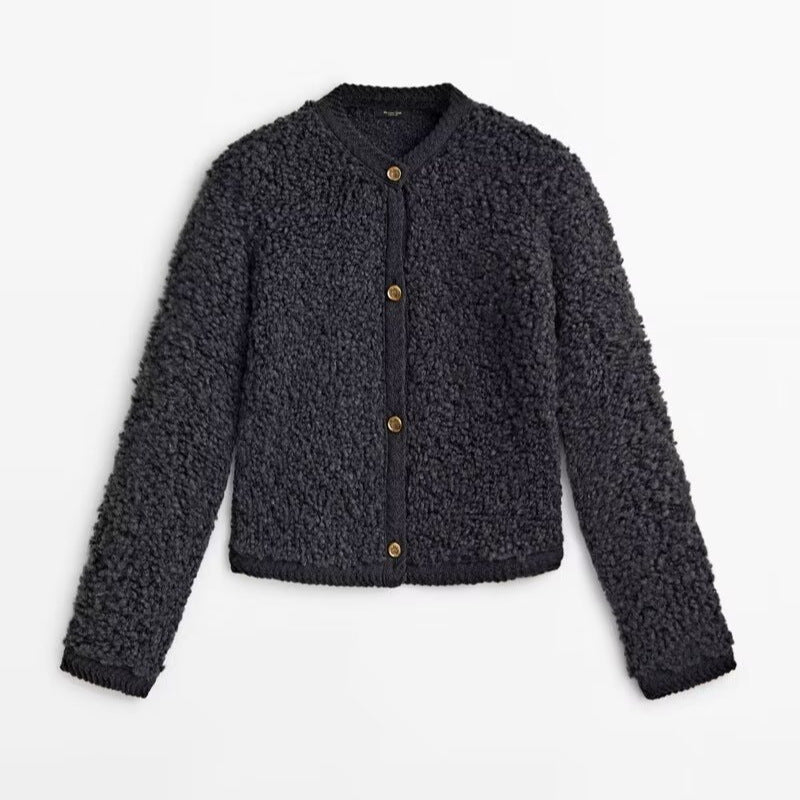 WW | Teddy Coat Relaxed Fit Soft Teddy Material Button Closure Round Neck