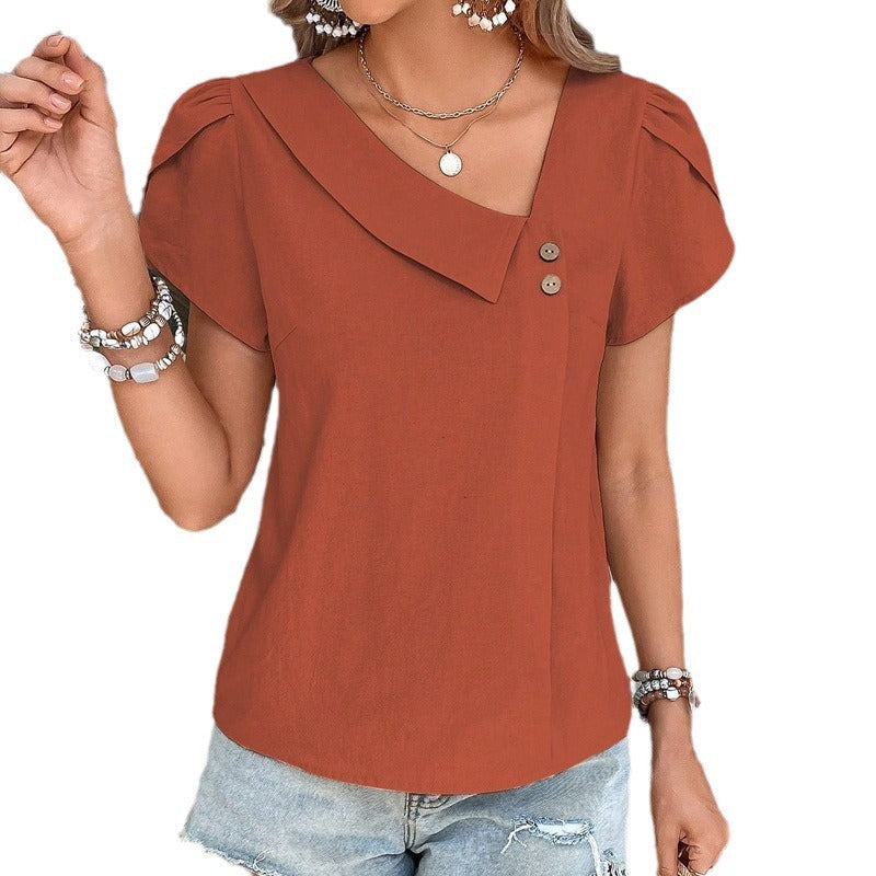 Women's Casual Top with Elegant V-Neck and Button Details WW