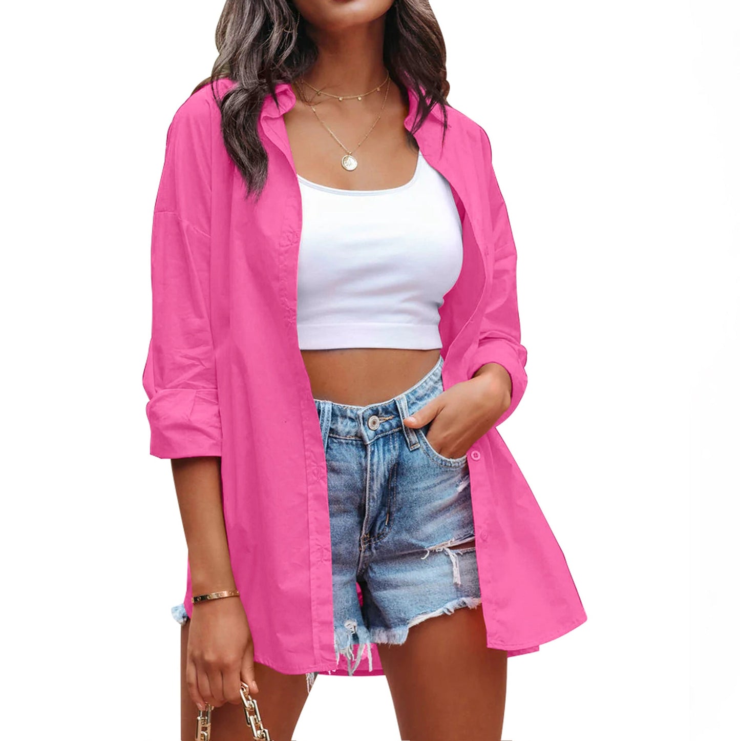Women's Casual Linen Blouse with Long Sleeves and Button Placket WW