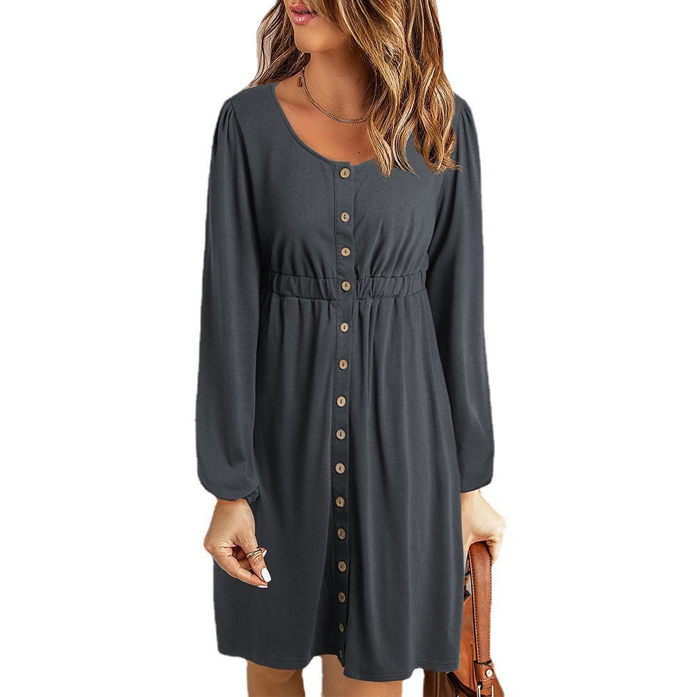 Damen knielanges Kleid mit Knopfdetails und elastischem Taillenzug WW