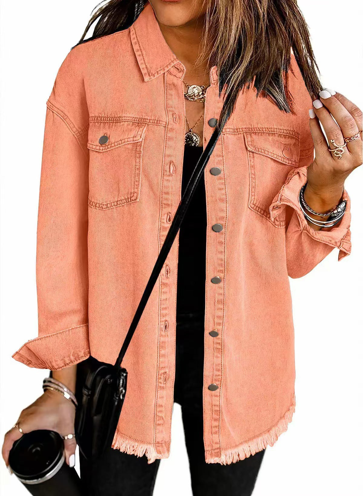 Women's Oversized Denim Shirt with Fringes WW