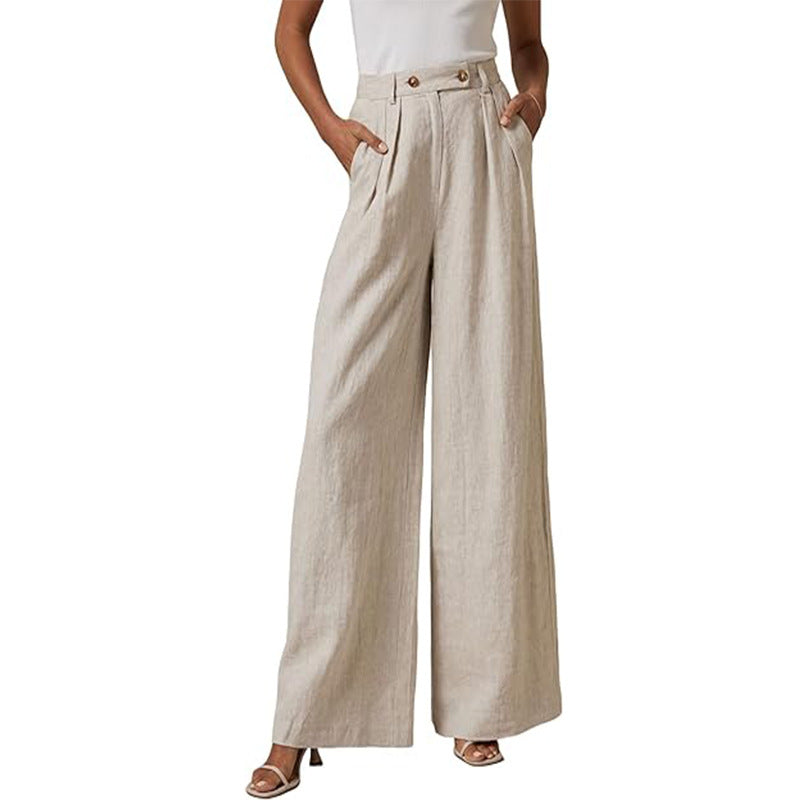 Damen elegante weite Leinenhose mit hohem Bund und Falten WW