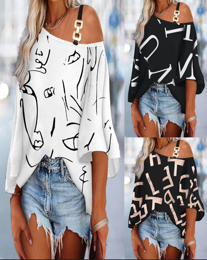 Women's asymmetrical top with a modern pattern mix and trendy shoulder design WW