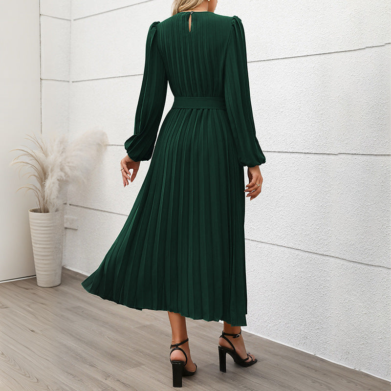 Damen Plisseekleid mit Taillengürtel und langen Ärmeln WW