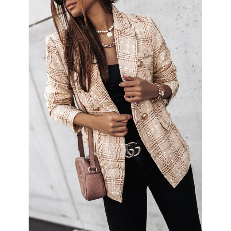 Damen Karierter Blazer mit goldenen Knöpfen und strukturiertem Gewebe WW