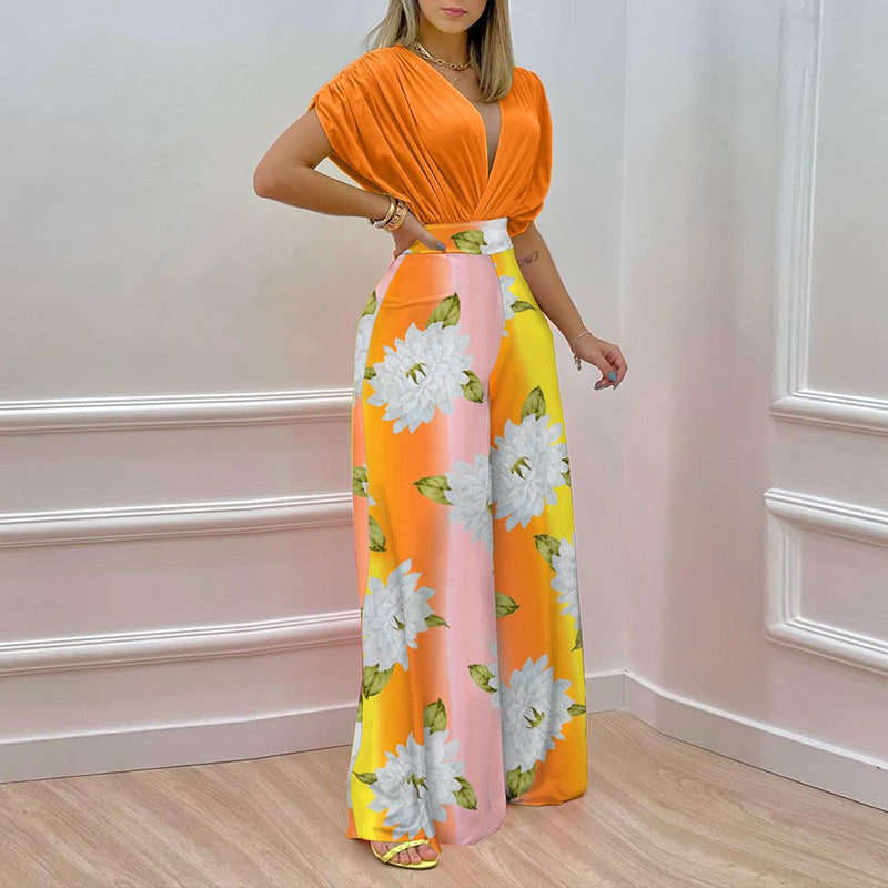Women's Jumpsuit with Deep V-Neck and Wide Leg WW