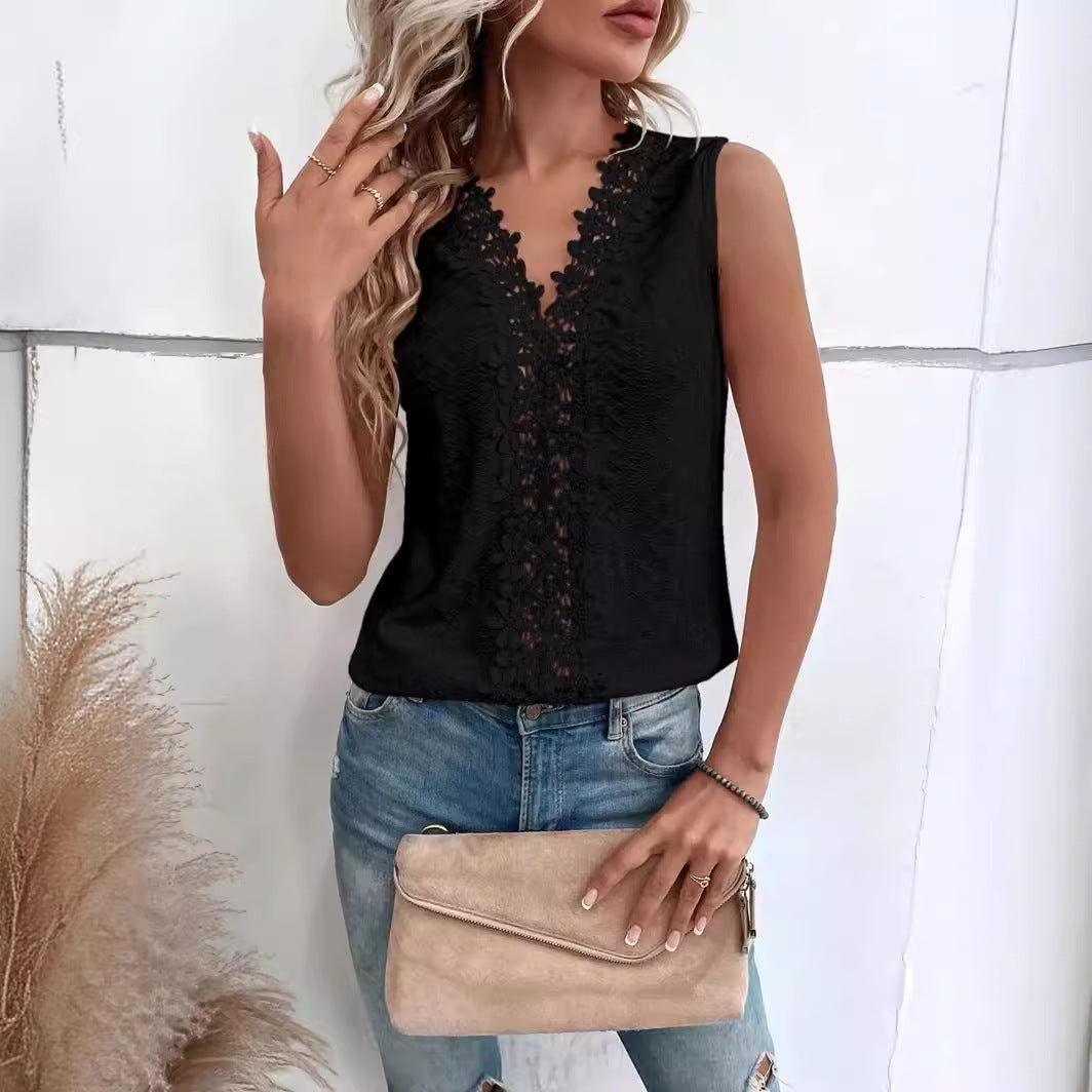Ladies' airy blouse top with floral inserts and delicate openwork patterns WW