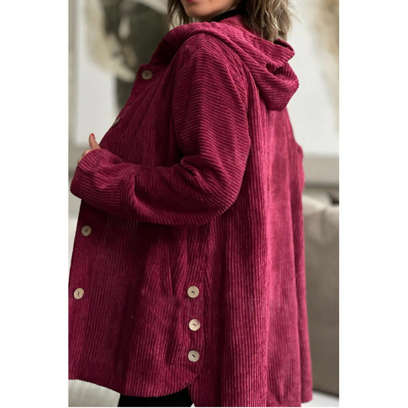 WW | Hooded Jacket - Corduroy - Loose Fit - Mid-Length - Button Details
