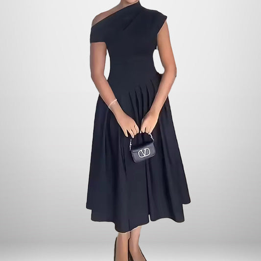 Women's Elegant Maxi Dress with Asymmetrical Neckline and Flowing Skirt WW