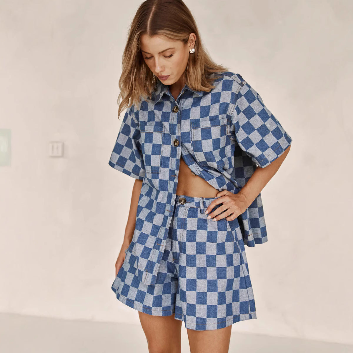 Women's Plaid Denim Shirt Set WW