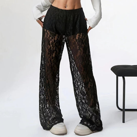 Damen elegante Spitzenhose mit weitem Schnitt und elastischem Bund WW