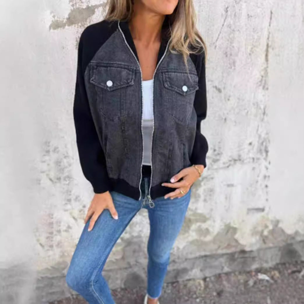 Damen Denim-Jacke mit kontrastfarbenen Ärmeln und praktischen Taschen WW