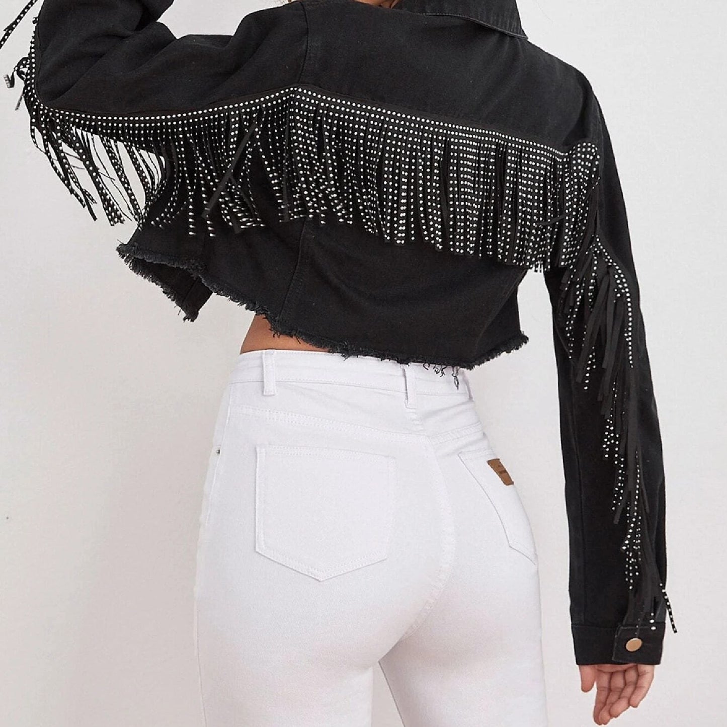 WW | Fransen Denimjacke - Edgy Western Stil - Baumwollmischung - Freizeitaktivitäten