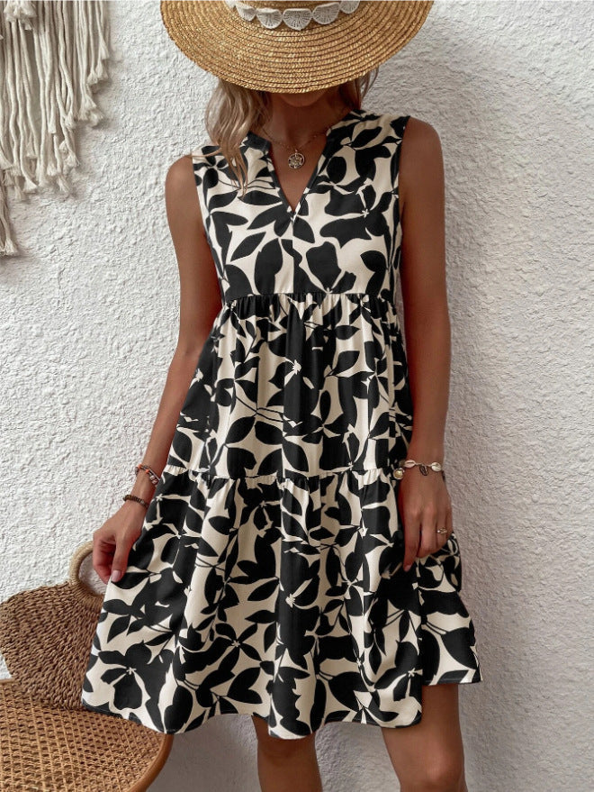 Damen luftiges ärmelloses Sommerkleid mit floralen Mustern und weitem Schnitt WW