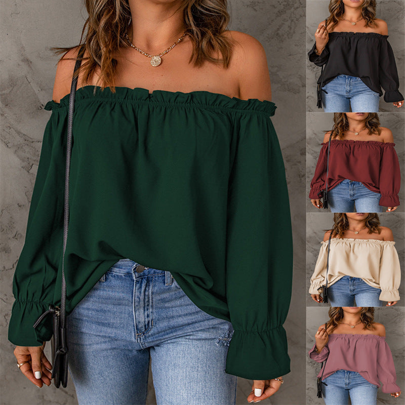Ladies' Chic Off-Shoulder Top with Ruffle Details and Elastic Cuffs WW