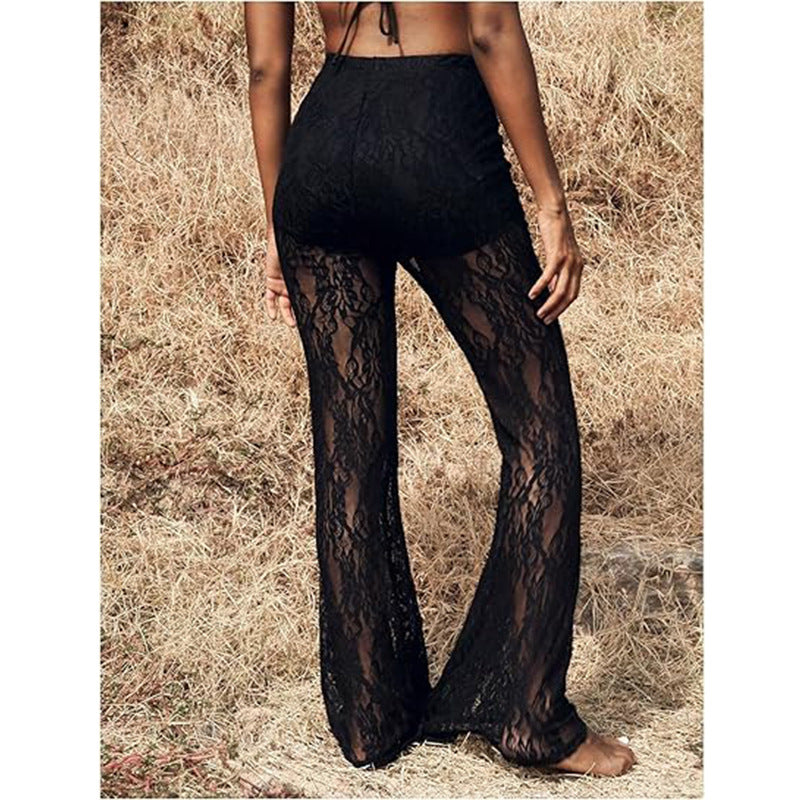 Damen elegante Spitzenhose mit hohem Bund und weit geschnittenem Bein WW