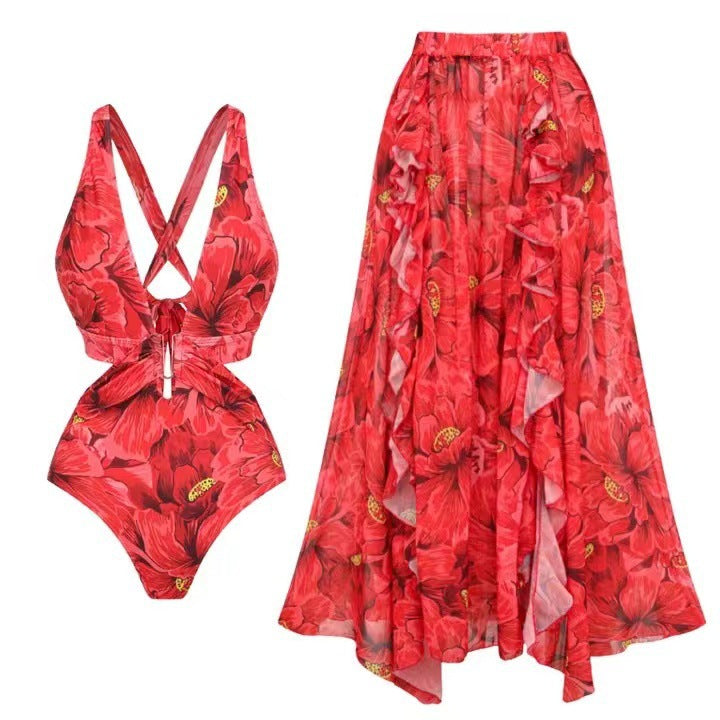 Damen Badeanzug und Maxi-Rock-Set mit floralen Akzenten und eleganten Rüschendetails WW