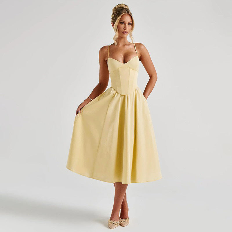 Damen Midi Kleid mit figurbetonter Corsage und schwingendem Rock W&W