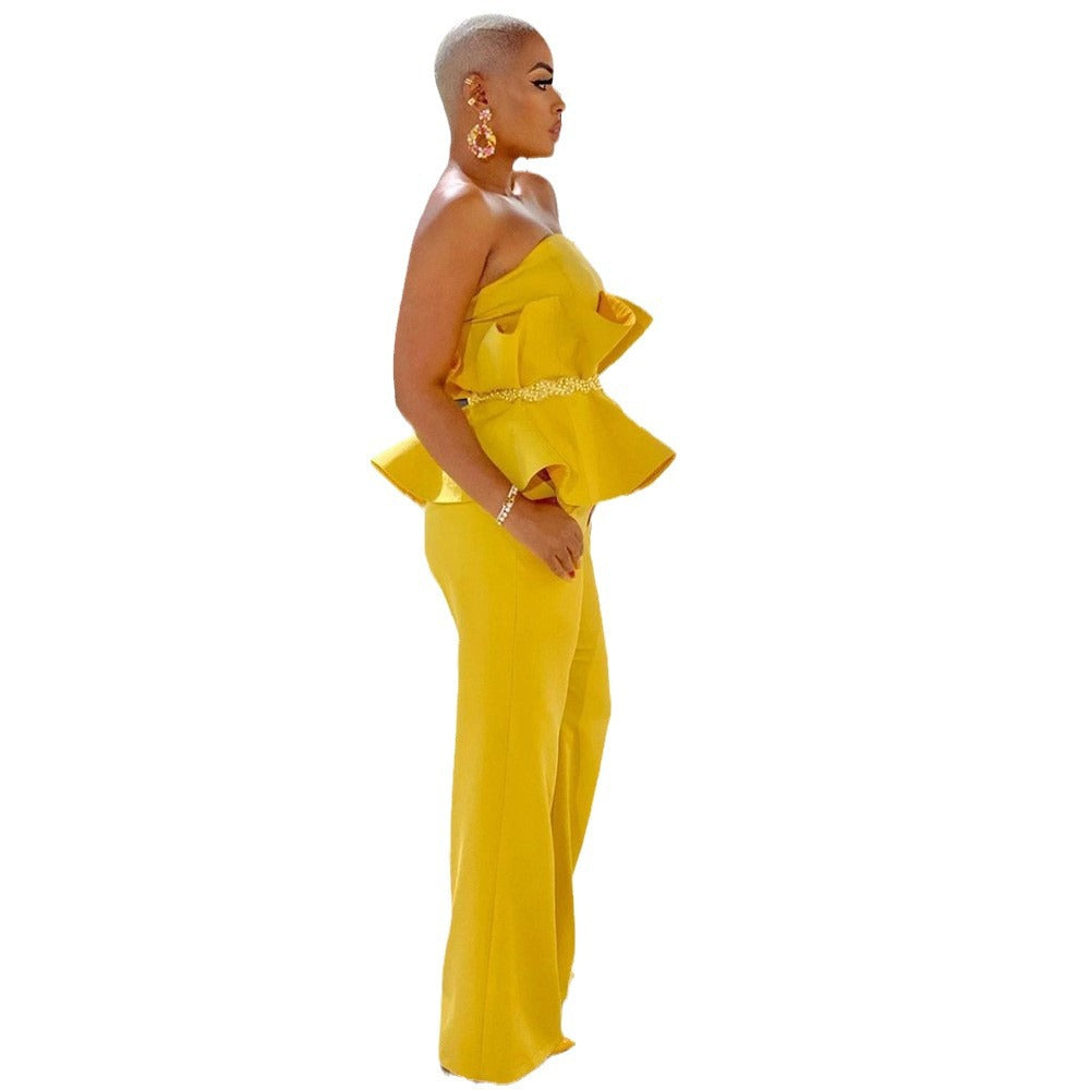 Women's jumpsuit with voluminous ruffle design and off-the-shoulder top WW
