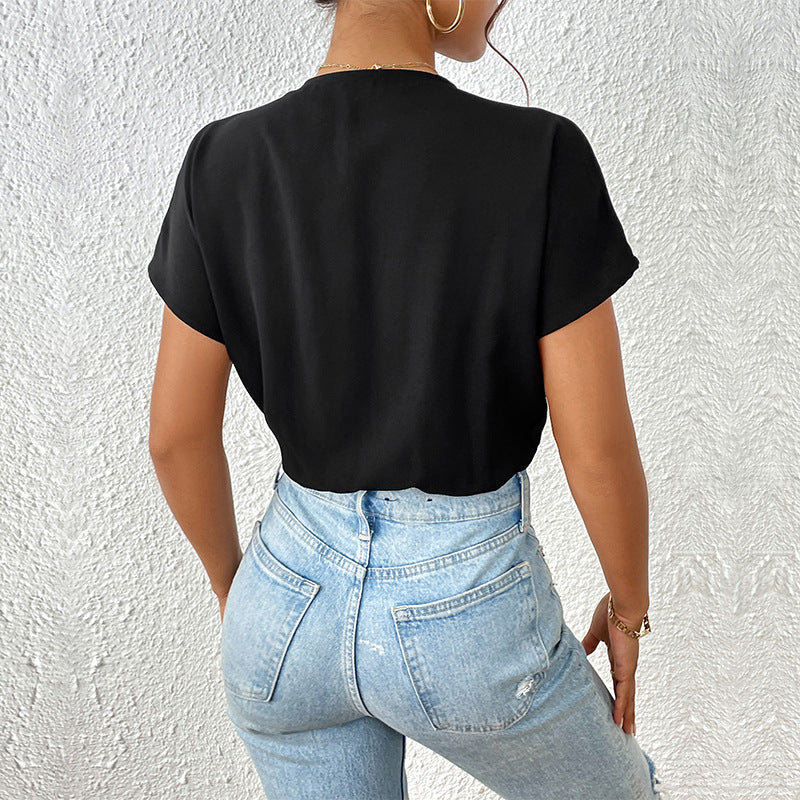 Damen Wickel-Bodysuit mit V-Ausschnitt und eleganten Puffärmeln WW