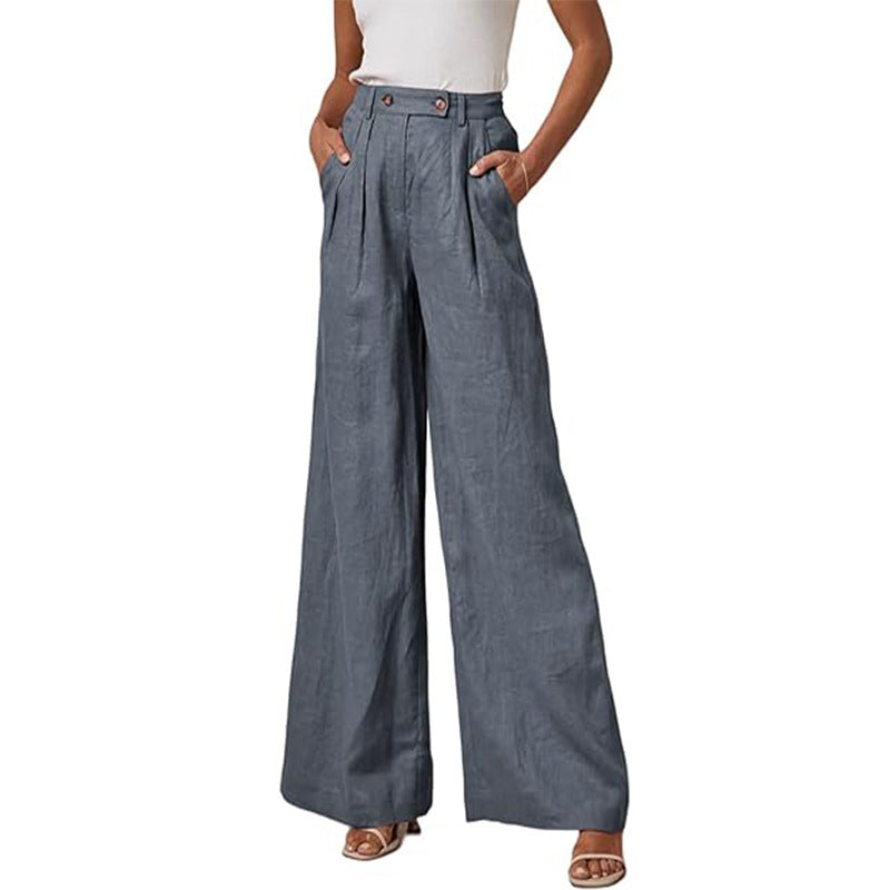Damen elegante weite Leinenhose mit hohem Bund und Falten WW