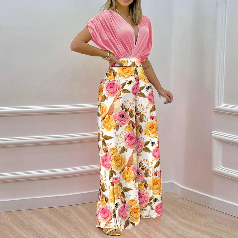 Women's Jumpsuit with Deep V-Neck and Wide Leg WW