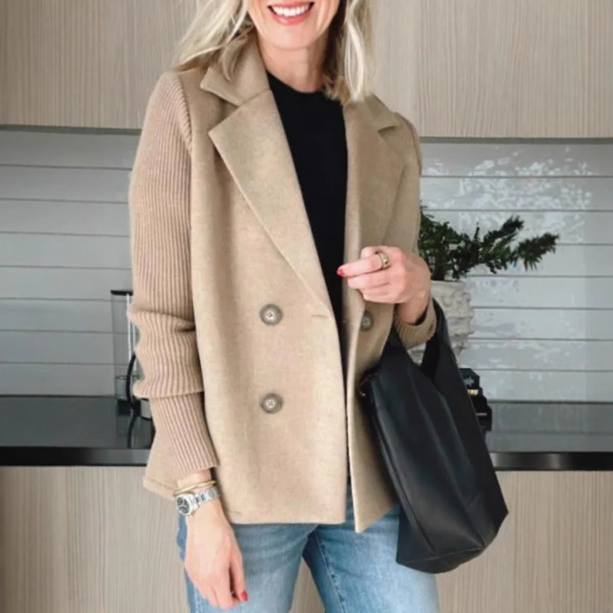 WW | Plus Size Double-Breasted Blazer with Soft Finish and Ribbed Sleeves