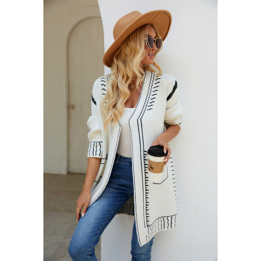 WW | Strickjacke Übergröße Passform Weiches Strick Jacquard Muster mittellange Schichtung