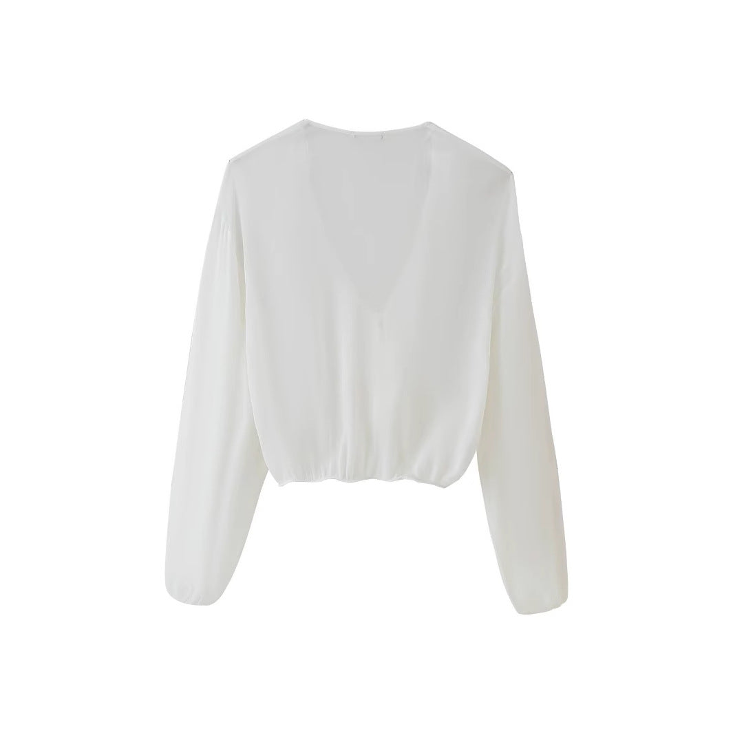 Women's Blouse with Romantic Ruffles and Deep V-Neck WW