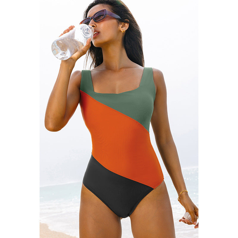 Damen One-Piece Badeanzug mit modernem Farbblockdesign und bequemen Trageeigenschaften WW