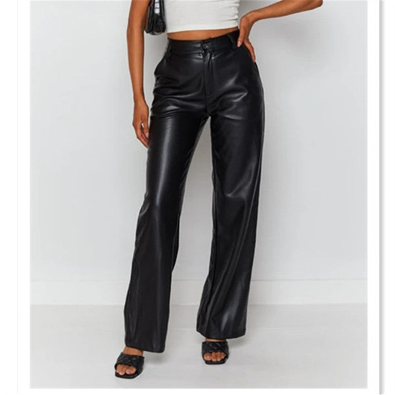 Damen Modische Kunstlederhose mit weitem Bein und eleganter Passform WW