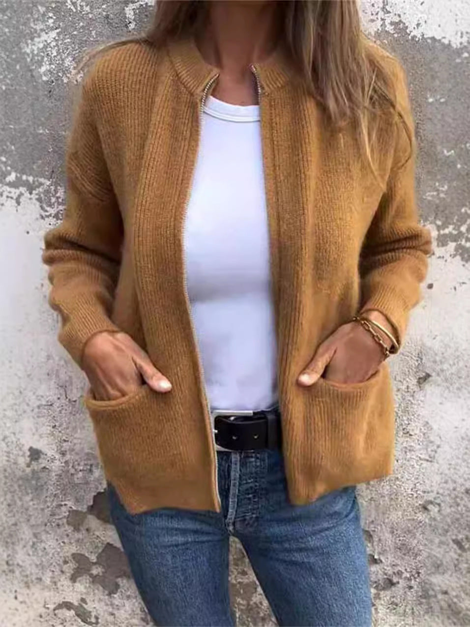 WW | Zip-Up Jacket - Rib Knit - Loose Fit - Stand-Up Collar - Practical Pockets