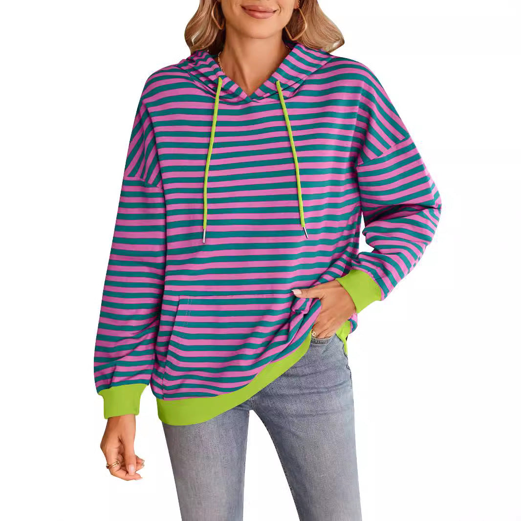 Damen gestreifter Kapuzenpullover mit stylischer Kängurutasche WW