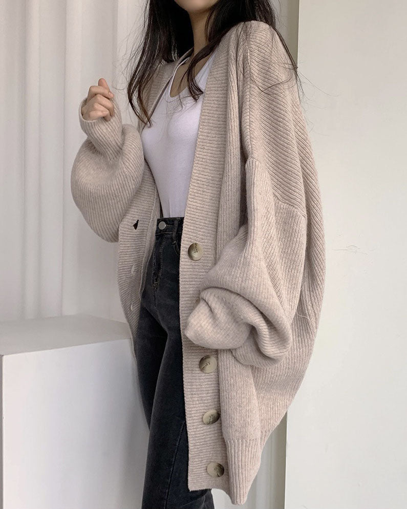 WW V-Ausschnitt einreihig lockerer Laternenärmel Strickcardigan