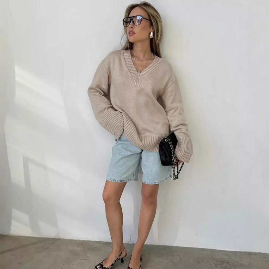 Damen V-Ausschnitt Pullover mit luxuriösem Strickmuster WW
