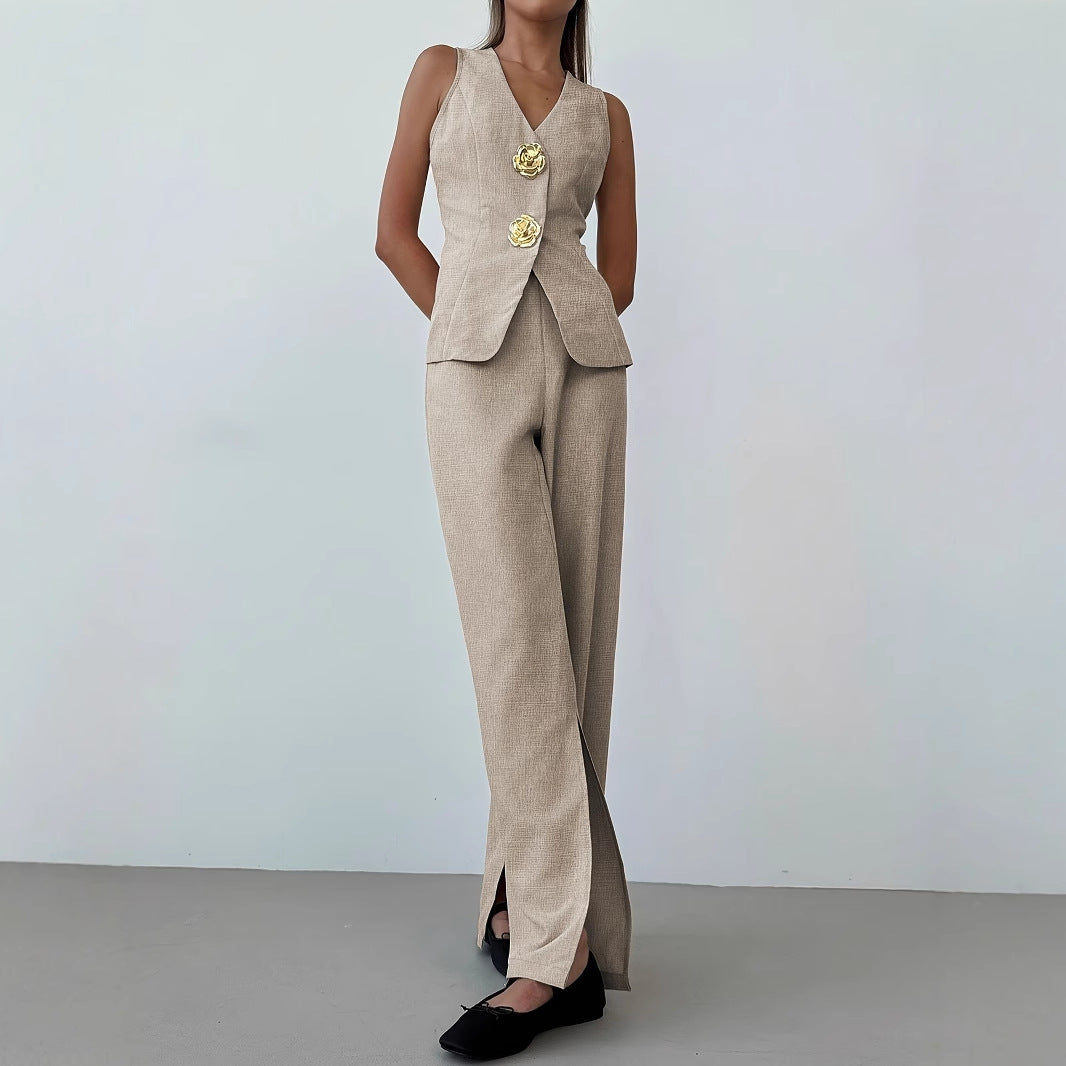 Damen elegantes Anzug-Set mit tailliertem Blazer und weit geschnittene Hose W&W