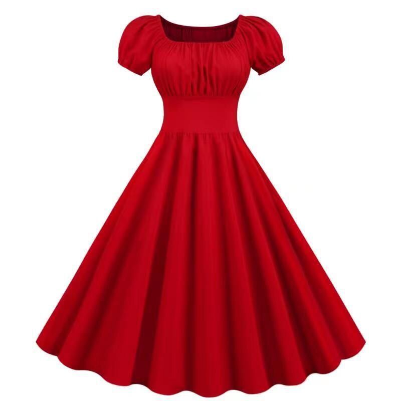 Damen Vintage Kleid mit Puffärmeln und schwingendem Rock WW