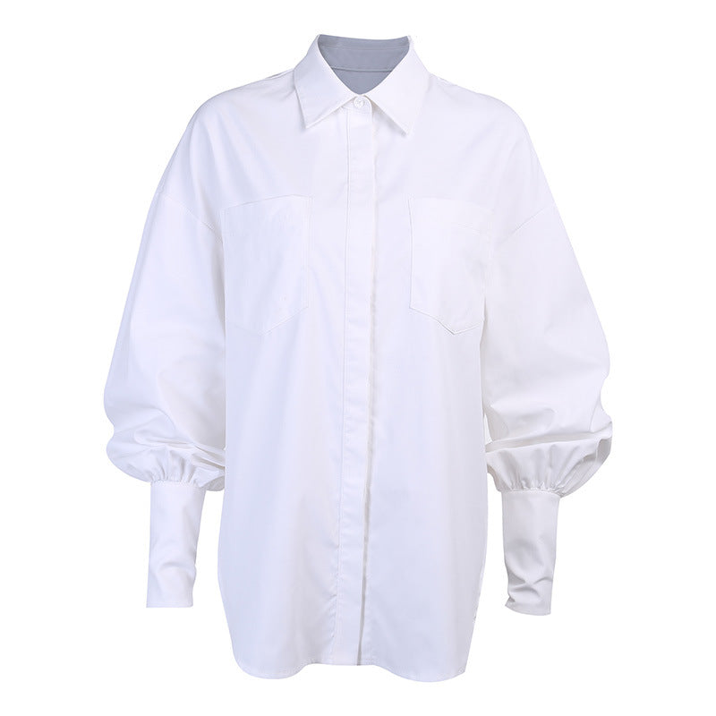Ladies' Shirt Blouse with Stylish Oversized Fit and Trendy Puff Sleeves W&W