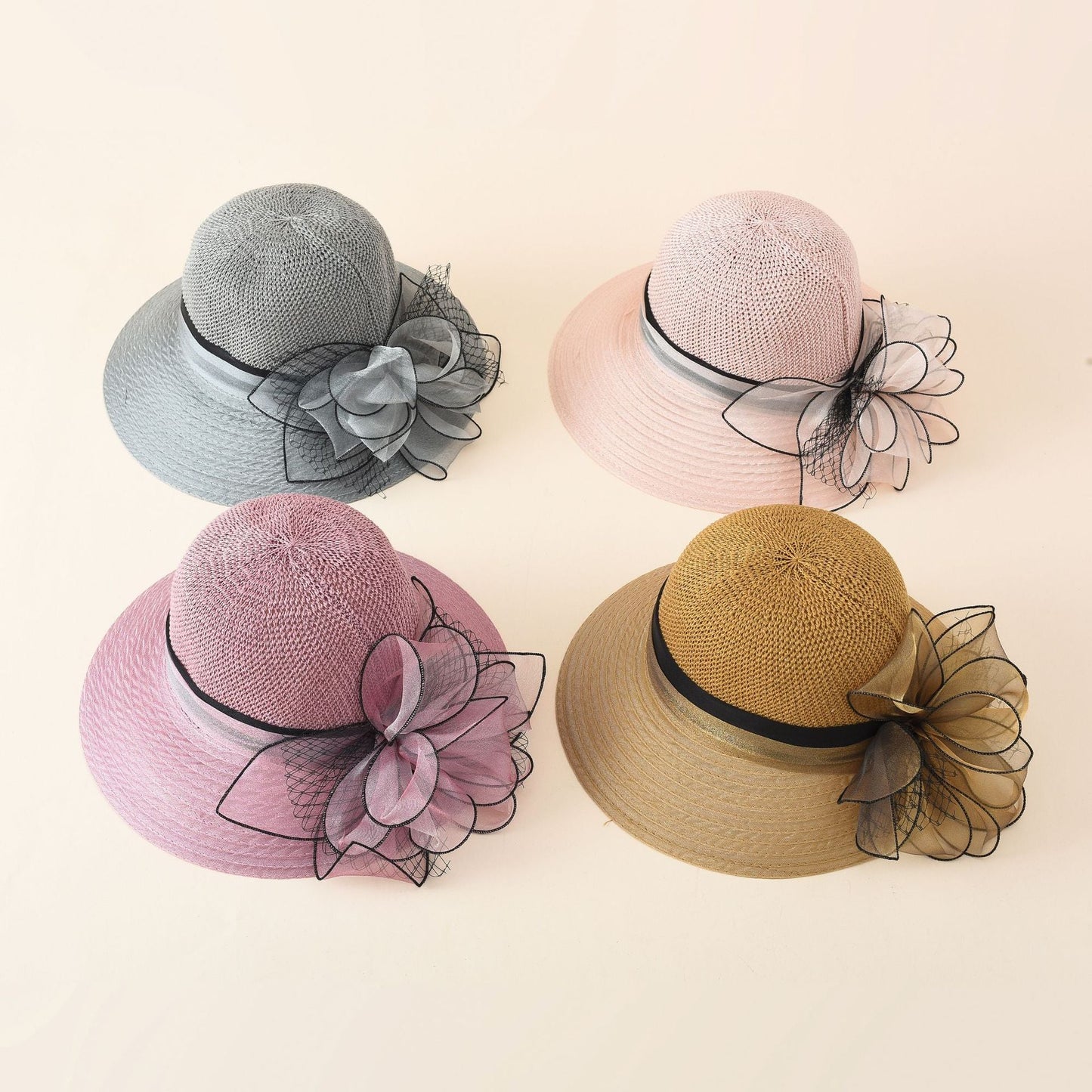 Damen eleganter Sonnenhut mit feiner Schleifenverzierung und breiter Krempe WW