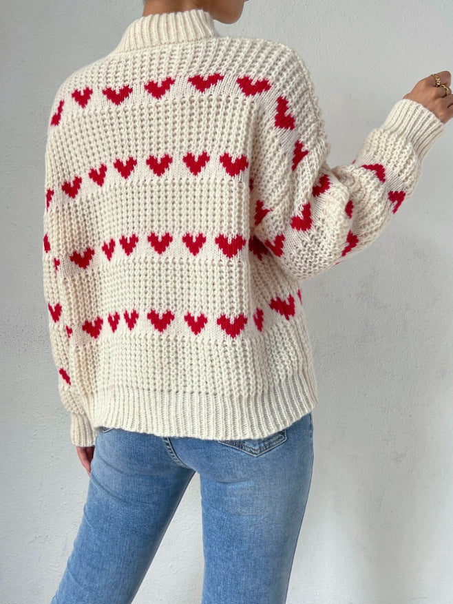 Women's Half Mock-Neck Loose Fit Love Heart Jacquard Knit Sweater