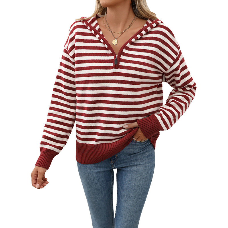 Women's cozy knitted sweater with fashionable zipper and striped pattern WW