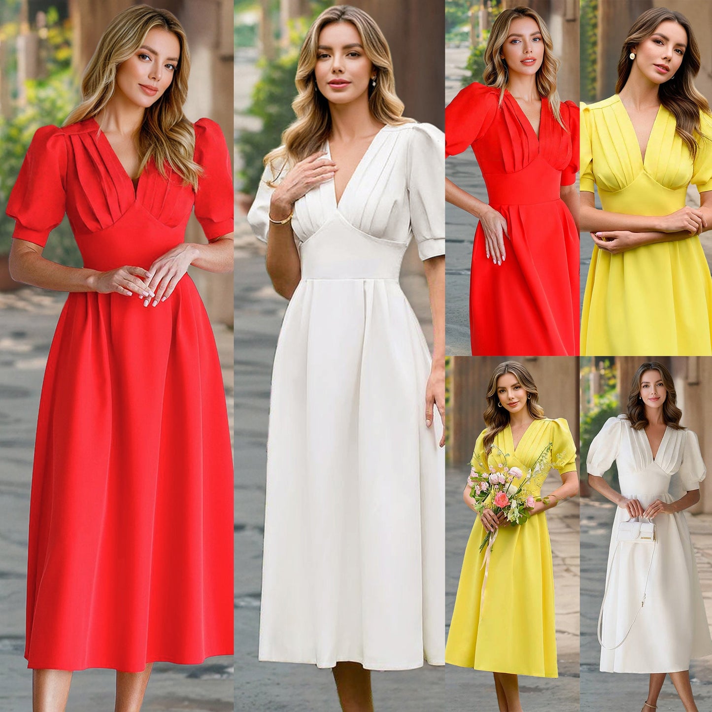 Damen Midi Kleid mit Puffärmeln WW