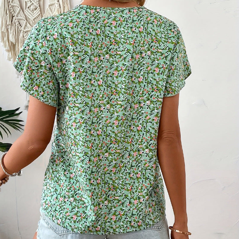 Women's V-Neck Blouse with Floral Pattern and Ruffle Details WW
