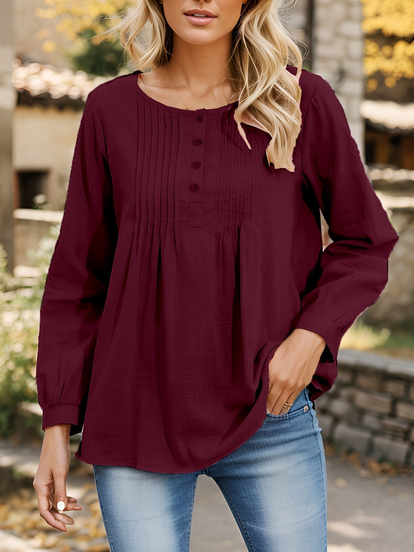 Women's Blouse with Pleats and Button Placket WW