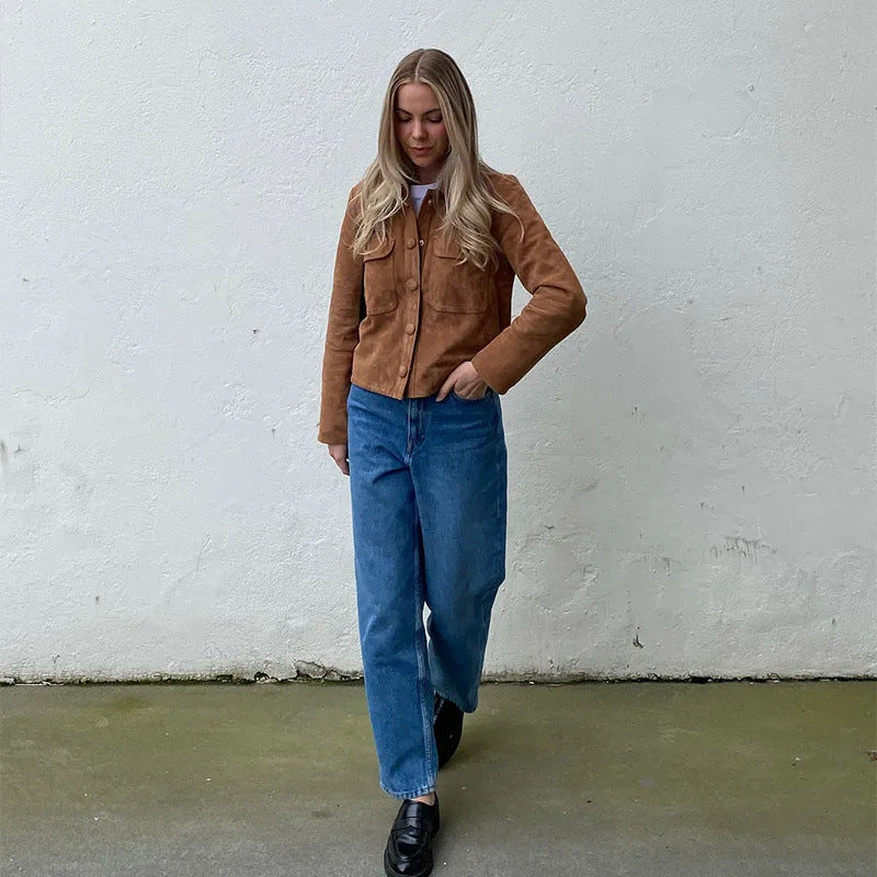 Ladies' classic suede jacket with patch pockets and sporty cut W&W