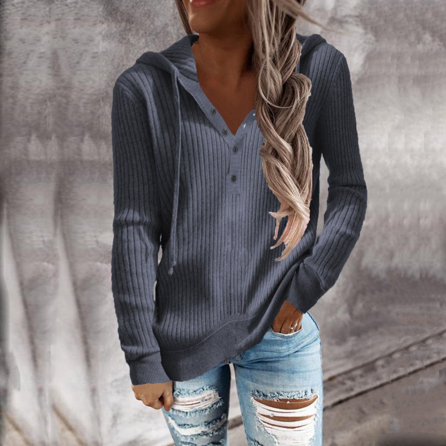 Damen Kapuzenpullover mit strukturiertem Rippdesign und praktischen Knopfdetails WW