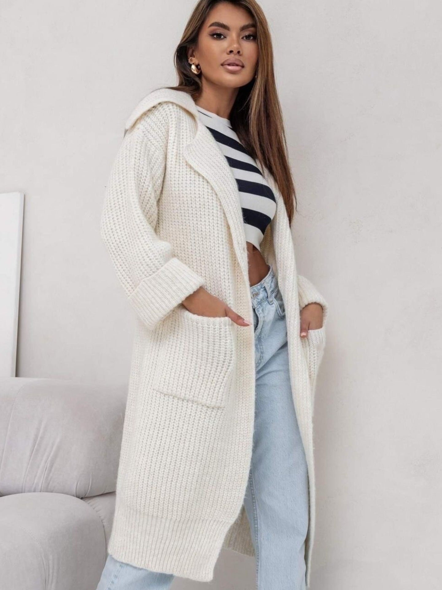 WW | Long Knit Coat Oversized Fit with Hood and Pocket Details