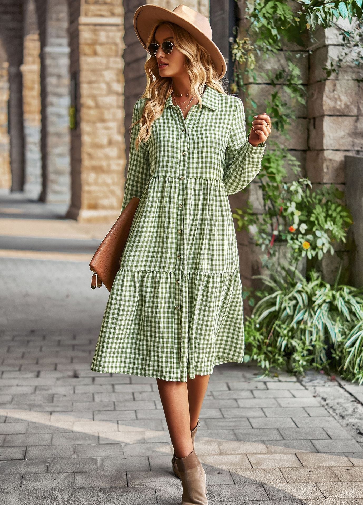 Damen karierte Midi-Bluse mit Knopfleiste und ausgestelltem Rock WW