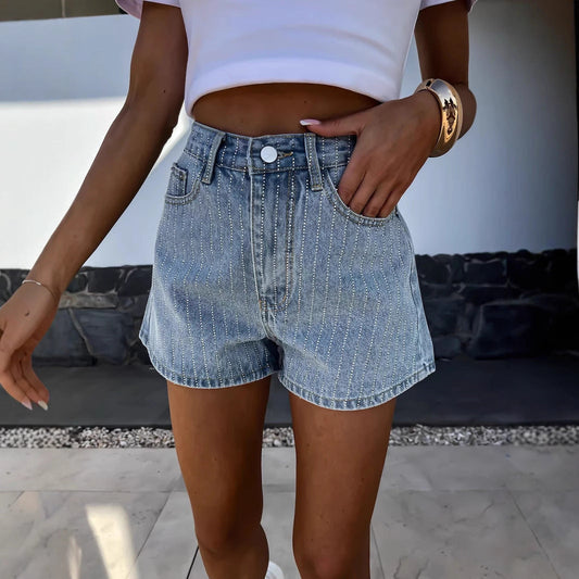 StreifenSpirit™ Women's Denim Shorts - Summer High-Waist Jean Shorts with Fine Stripe Pattern, Casual & Comfortable