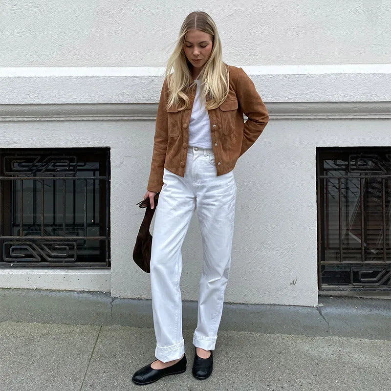 Ladies' classic suede jacket with patch pockets and sporty cut W&W
